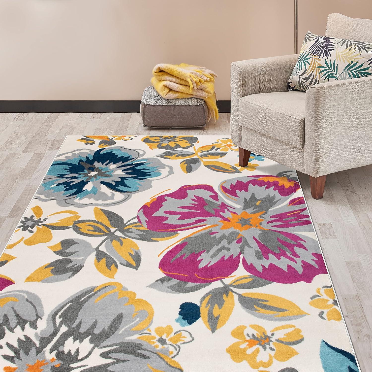 imageRugshop Modern Floral Design for Living RoomBedroomHome OfficeKitchen Non Shedding Area Rug 5 X 7 CreamMulti Color