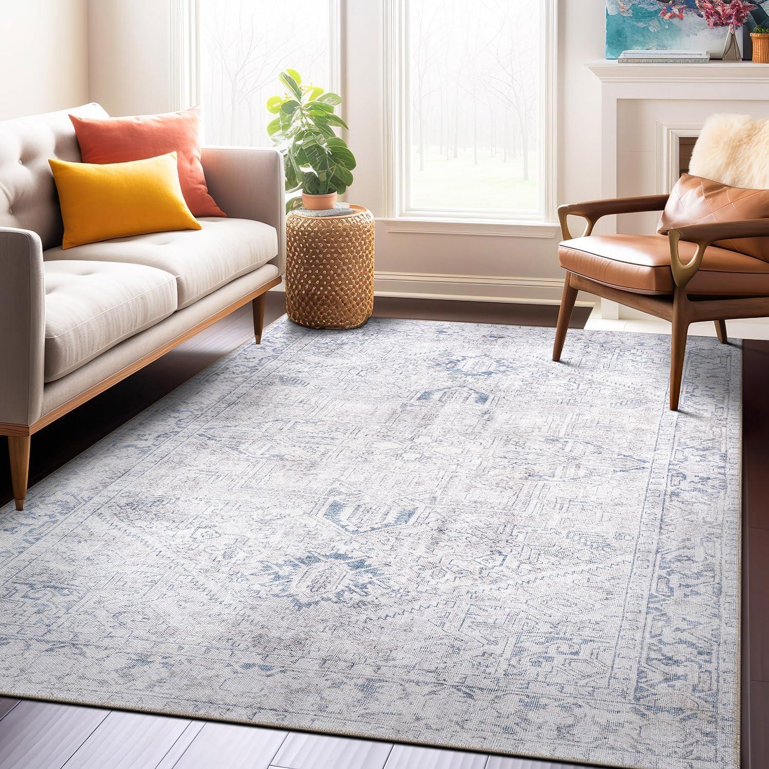 imageRugshop OceanBlue Transitional Vintage Bordered Area Rug  Machine Washable 5 X 7 for Living Room Bedroom and Home OfficeBlue