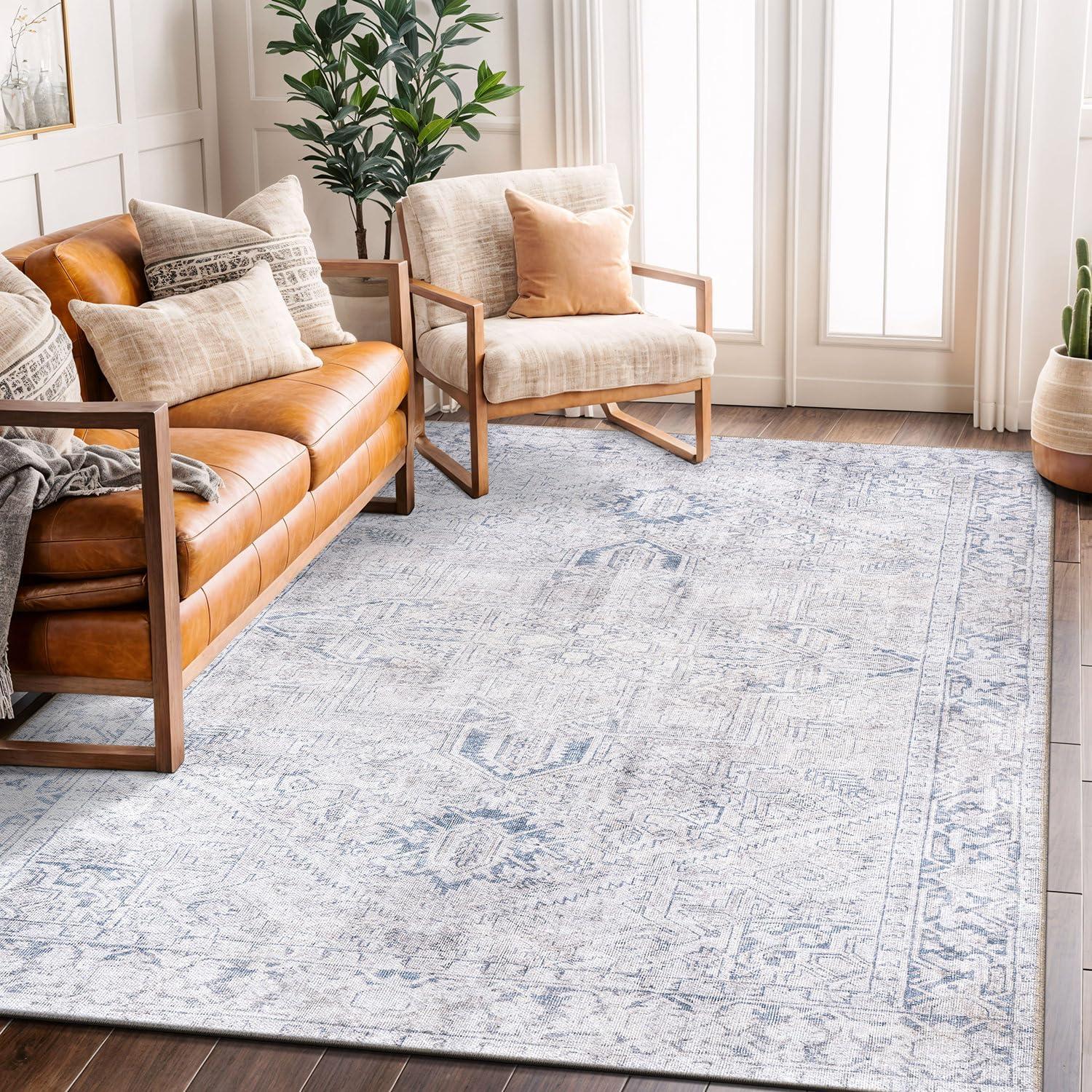imageRugshop OceanBlue Transitional Vintage Bordered Area Rug  Machine Washable 5 X 7 for Living Room Bedroom and Home OfficeBlue