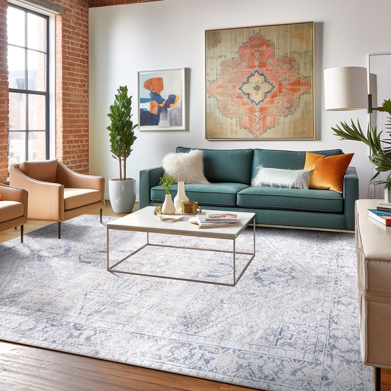 imageRugshop OceanBlue Transitional Vintage Bordered Area Rug  Machine Washable 5 X 7 for Living Room Bedroom and Home OfficeBlue