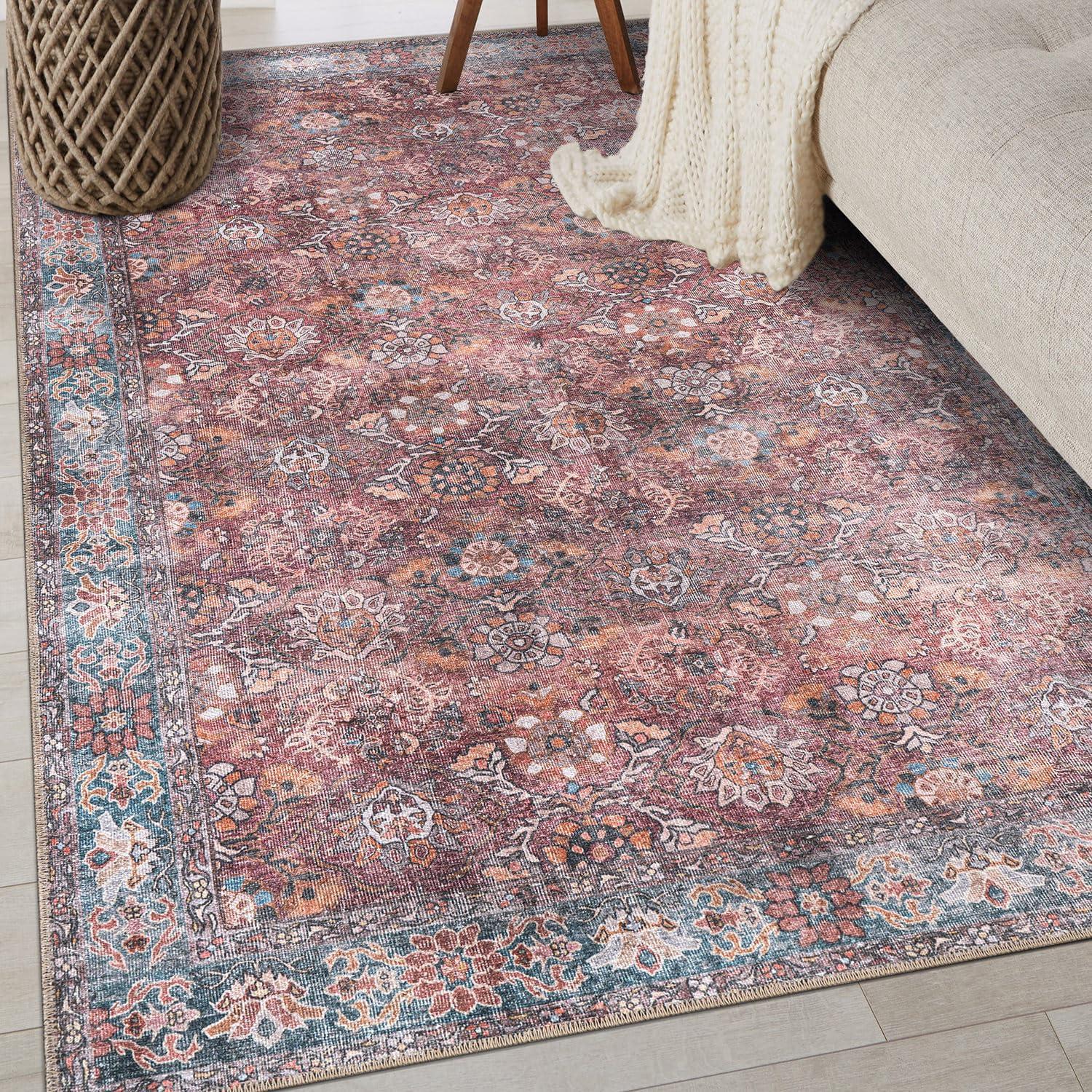 imageRugshop OceanBlue Transitional Vintage Bordered Area Rug Machine Washable 5 X 7 for Living Room Bedroom and Home OfficeMultiCherry