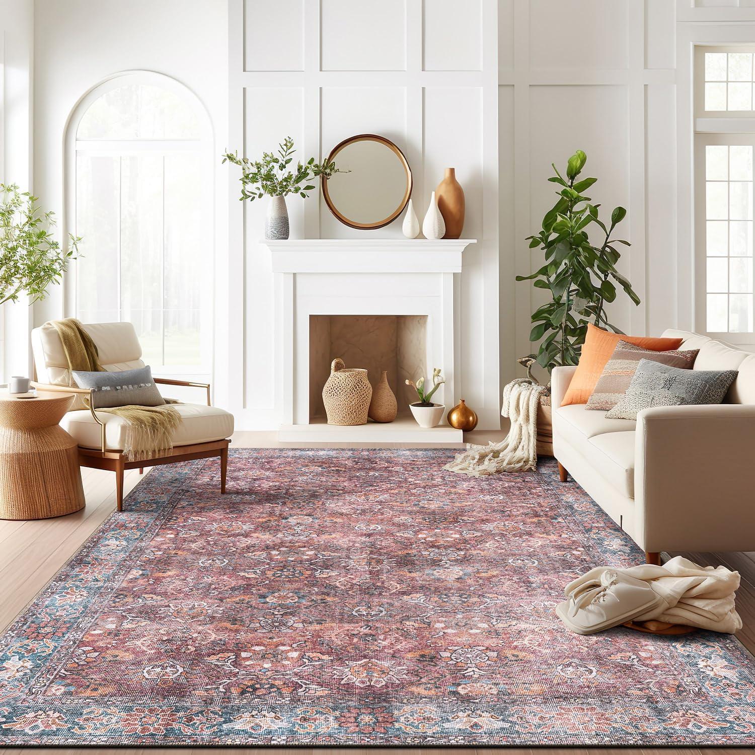 imageRugshop OceanBlue Transitional Vintage Bordered Area Rug Machine Washable 5 X 7 for Living Room Bedroom and Home OfficeMultiCherry