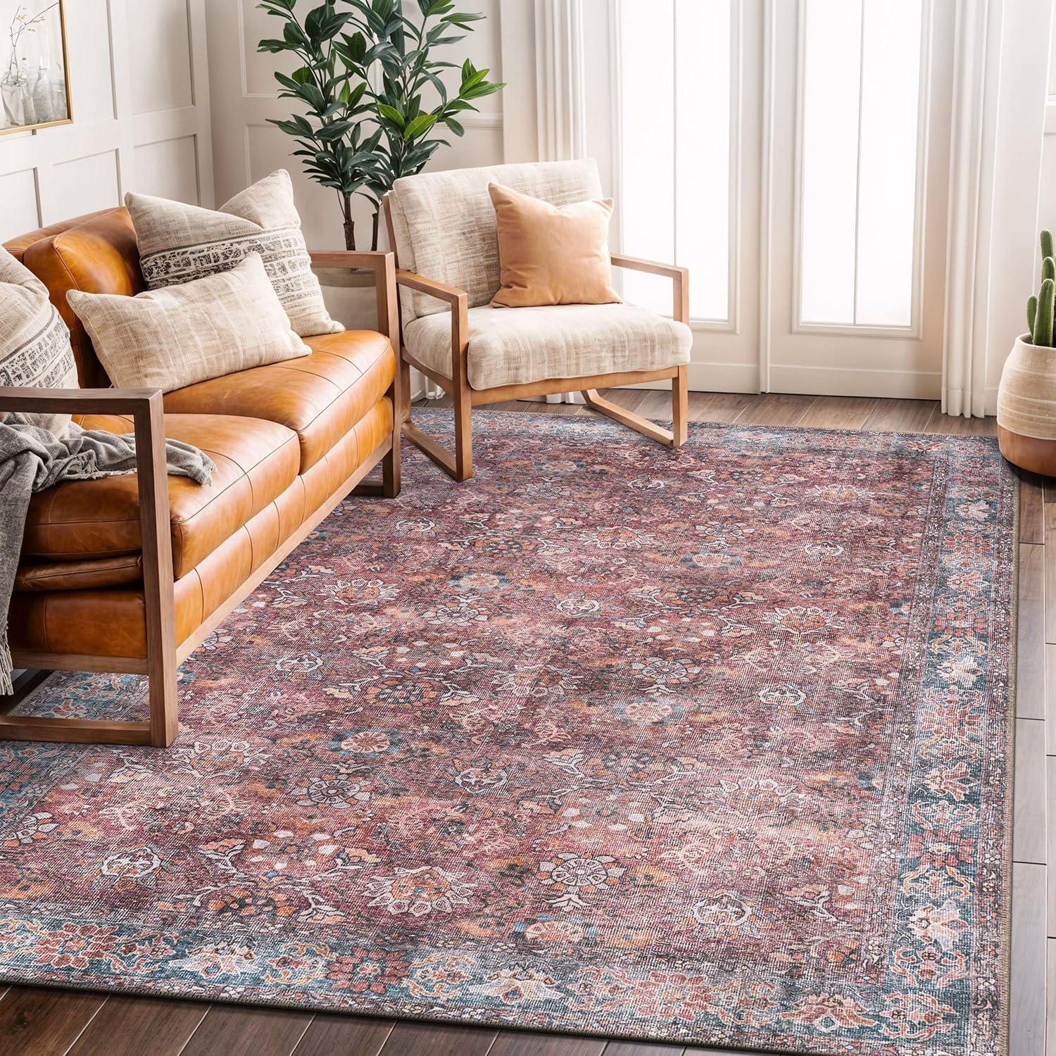 imageRugshop OceanBlue Transitional Vintage Bordered Area Rug Machine Washable 5 X 7 for Living Room Bedroom and Home OfficeMultiCherry