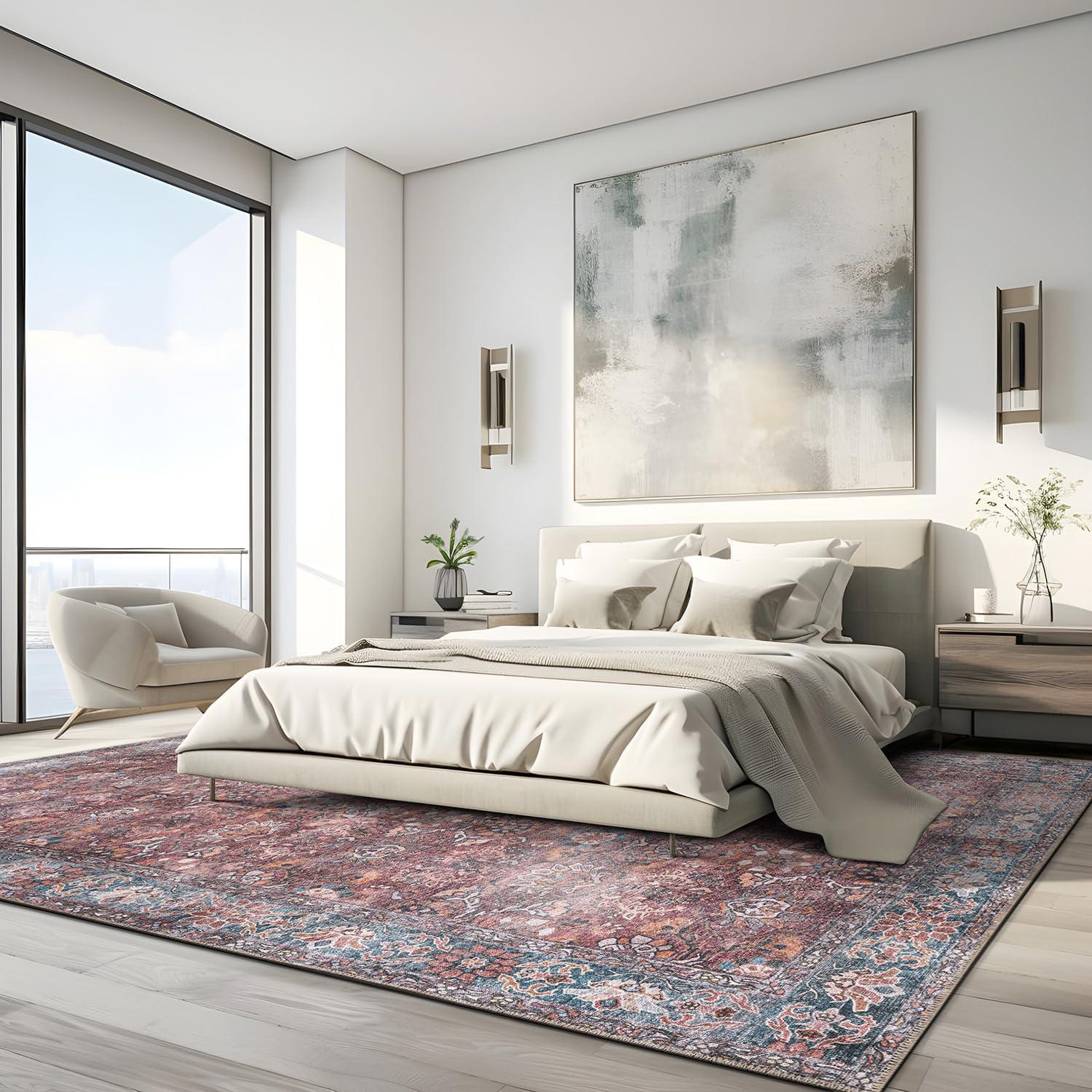 imageRugshop OceanBlue Transitional Vintage Bordered Area Rug Machine Washable 5 X 7 for Living Room Bedroom and Home OfficeMultiCherry