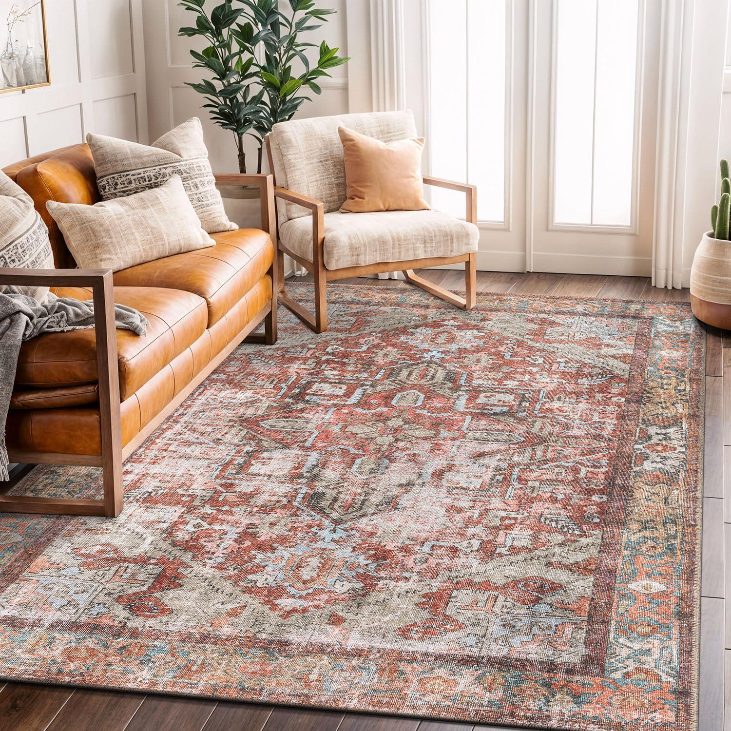 imageRugshop OceanBlue Transitional Vintage Bordered Area Rug Machine Washable 5 X 7 for Living Room Bedroom and Home OfficeMultiRed