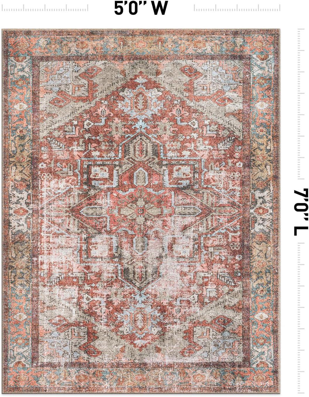 imageRugshop OceanBlue Transitional Vintage Bordered Area Rug Machine Washable 5 X 7 for Living Room Bedroom and Home OfficeMultiRed