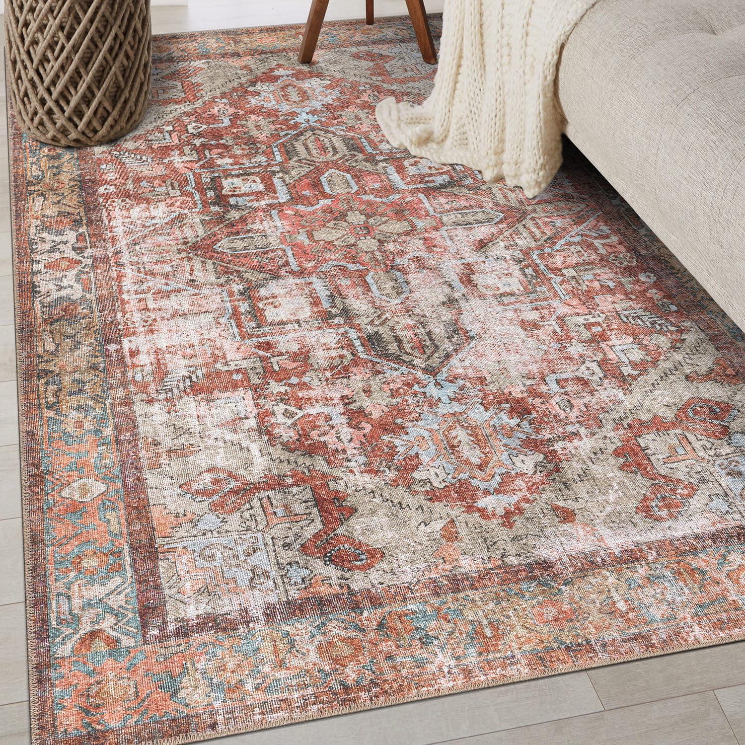 imageRugshop OceanBlue Transitional Vintage Bordered Area Rug Machine Washable 5 X 7 for Living Room Bedroom and Home OfficeMultiRed