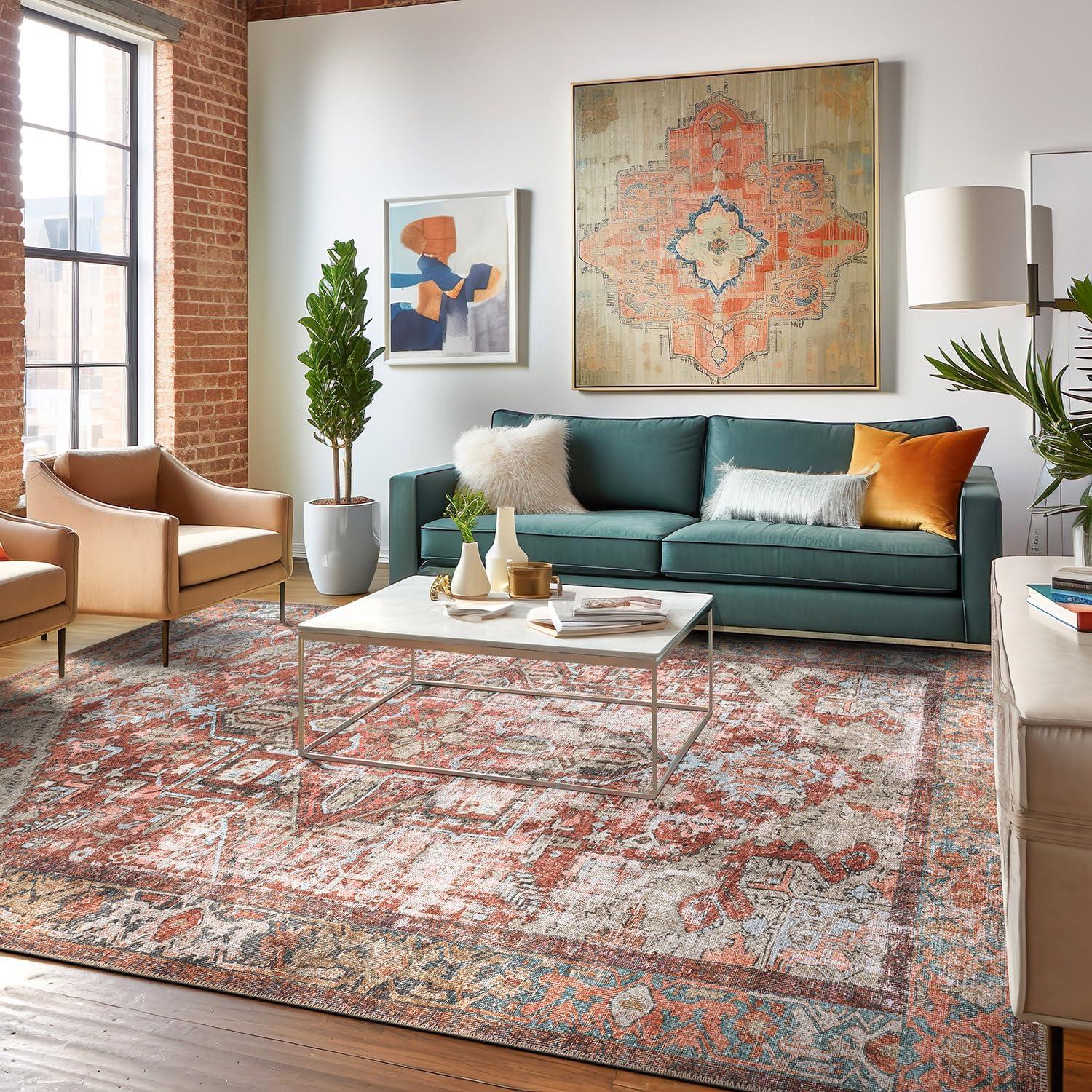 imageRugshop OceanBlue Transitional Vintage Bordered Area Rug Machine Washable 5 X 7 for Living Room Bedroom and Home OfficeMultiRed