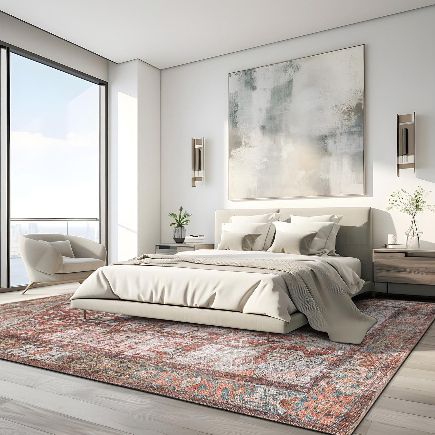 imageRugshop OceanBlue Transitional Vintage Bordered Area Rug Machine Washable 5 X 7 for Living Room Bedroom and Home OfficeMultiRed