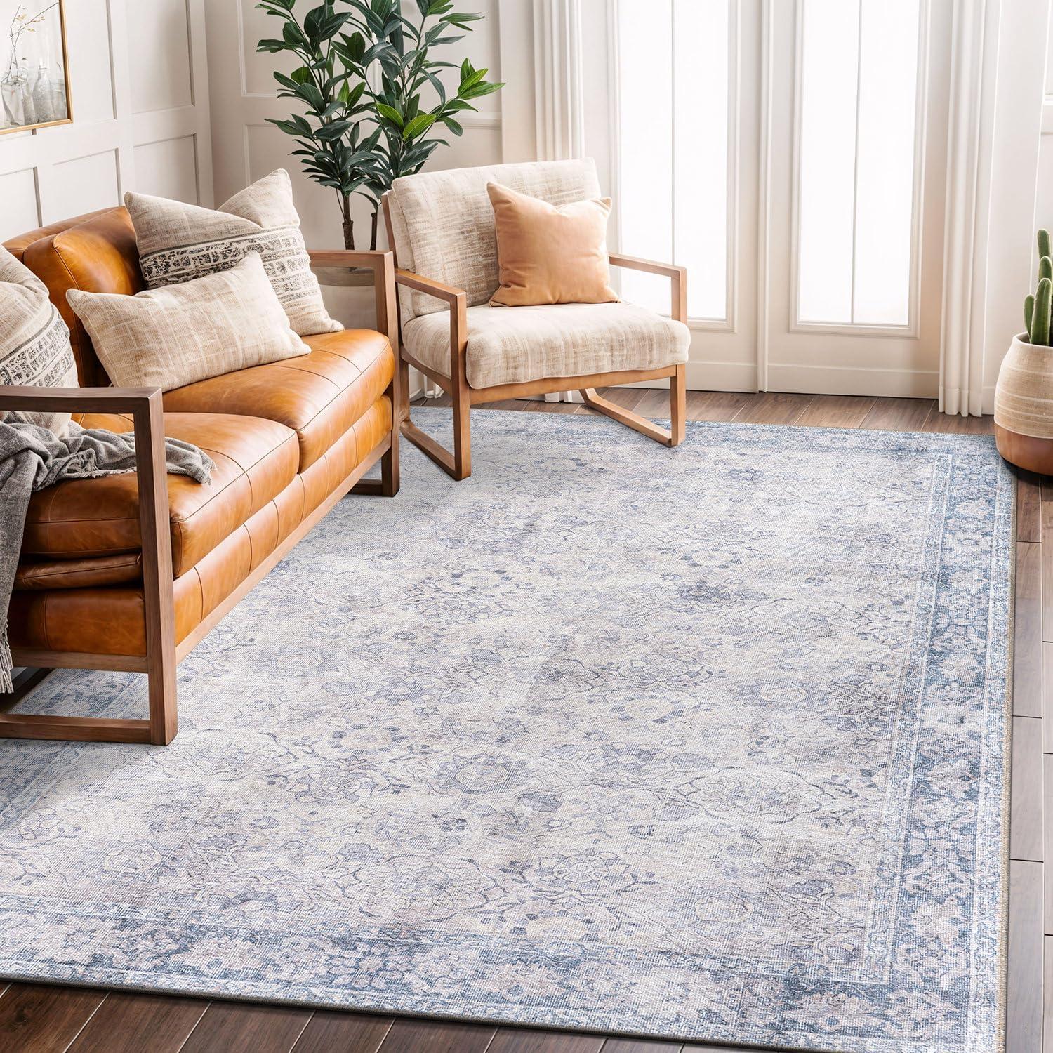 imageRugshop OceanBlue Transitional Vintage Bordered Area Rug  Machine Washable 5 X 7 for Living Room Bedroom and Home OfficeOceanBlue