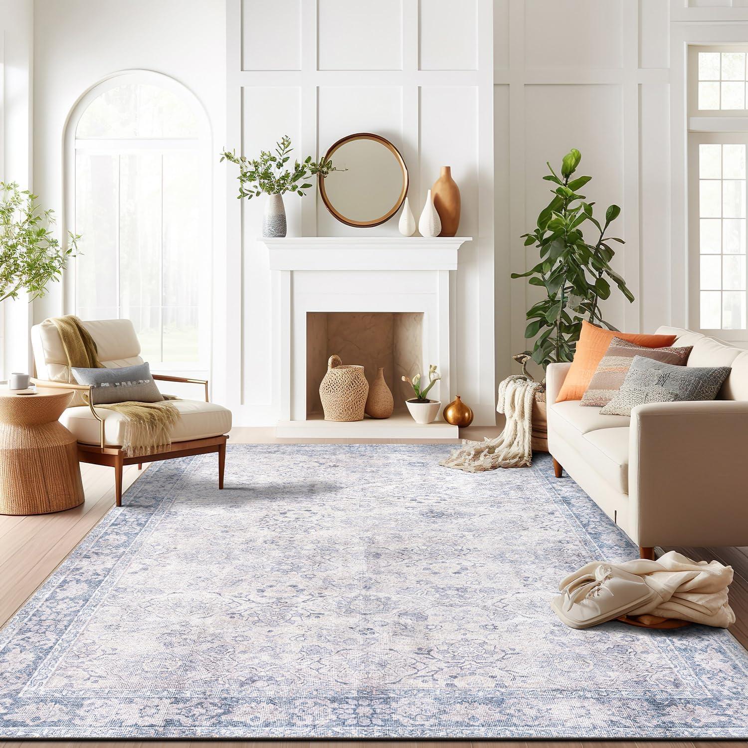 imageRugshop OceanBlue Transitional Vintage Bordered Area Rug  Machine Washable 5 X 7 for Living Room Bedroom and Home OfficeOceanBlue