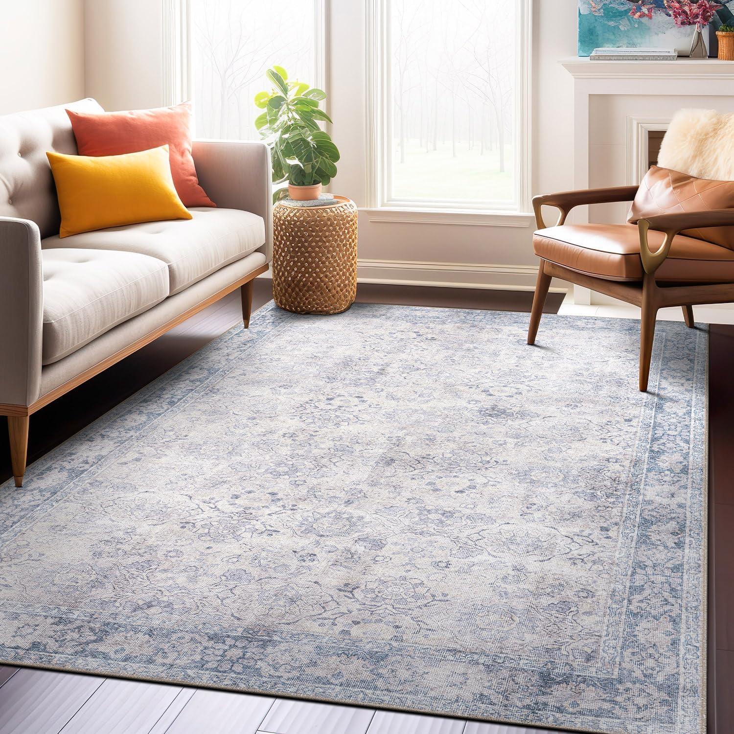 imageRugshop OceanBlue Transitional Vintage Bordered Area Rug  Machine Washable 5 X 7 for Living Room Bedroom and Home OfficeOceanBlue
