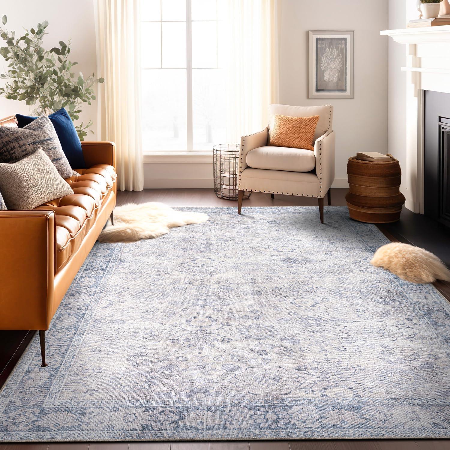 imageRugshop OceanBlue Transitional Vintage Bordered Area Rug  Machine Washable 5 X 7 for Living Room Bedroom and Home OfficeOceanBlue