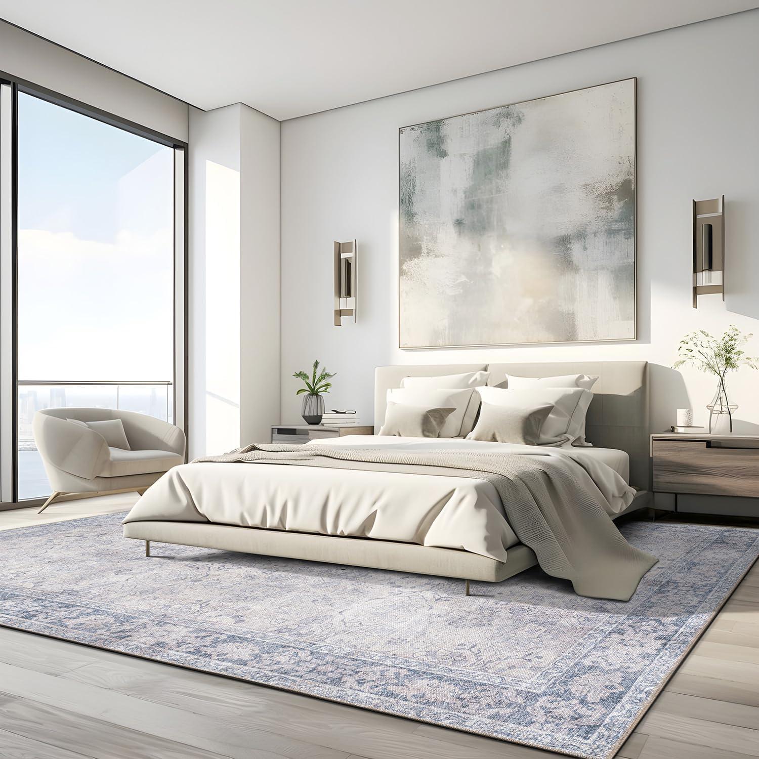 imageRugshop OceanBlue Transitional Vintage Bordered Area Rug  Machine Washable 5 X 7 for Living Room Bedroom and Home OfficeOceanBlue