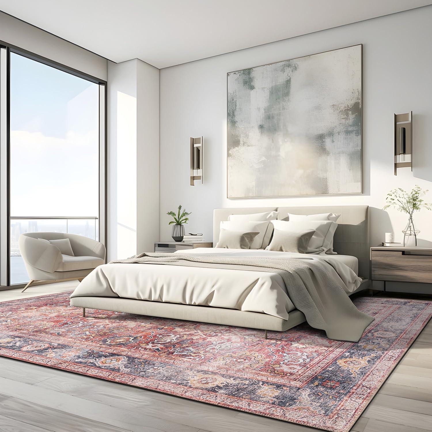 imageRugshop OceanBlue Transitional Vintage Bordered Area Rug Machine Washable 5 X 7 for Living Room Bedroom and Home OfficeRed