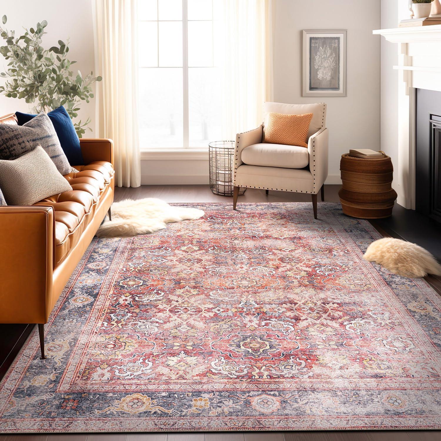 imageRugshop OceanBlue Transitional Vintage Bordered Area Rug Machine Washable 5 X 7 for Living Room Bedroom and Home OfficeRed