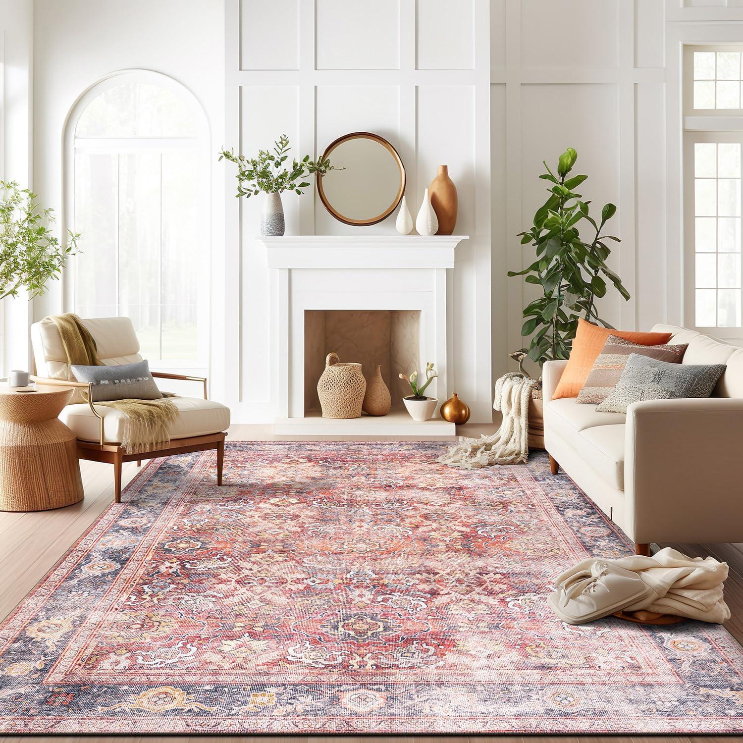 imageRugshop OceanBlue Transitional Vintage Bordered Area Rug Machine Washable 5 X 7 for Living Room Bedroom and Home OfficeRed