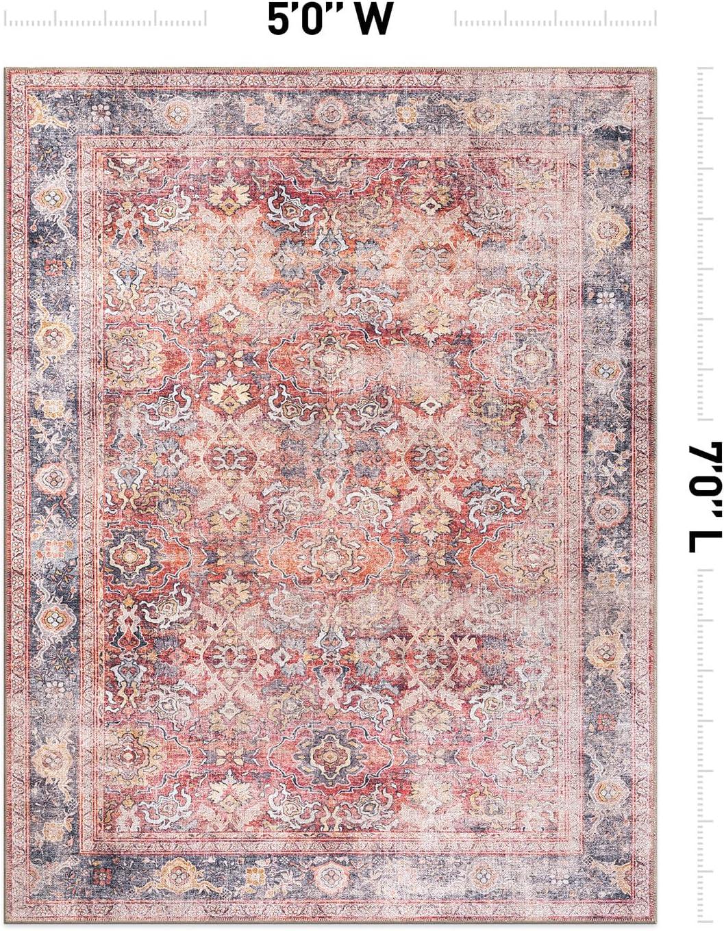 imageRugshop OceanBlue Transitional Vintage Bordered Area Rug Machine Washable 5 X 7 for Living Room Bedroom and Home OfficeRed