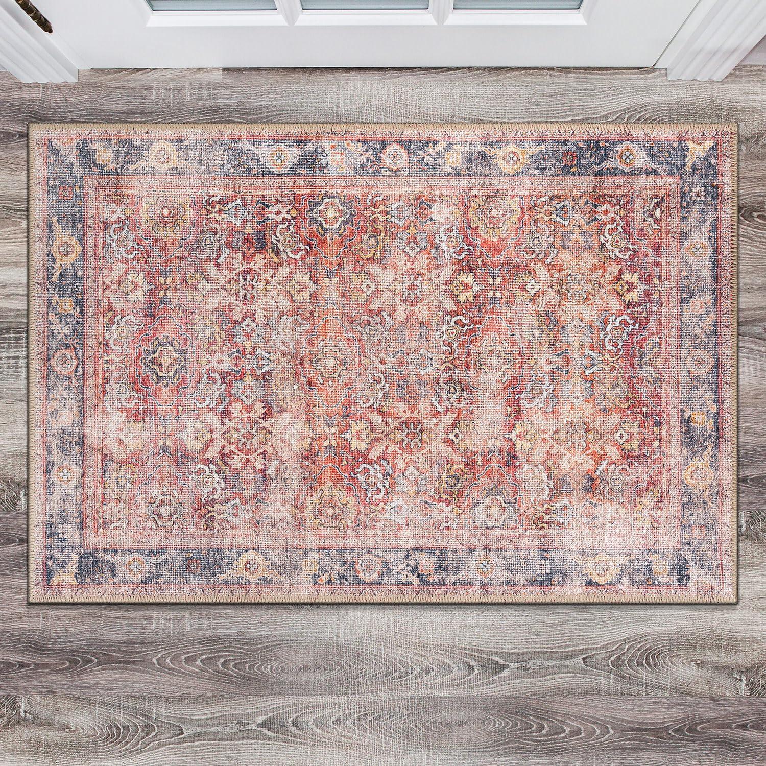 imageRugshop OceanBlue Transitional Vintage Bordered Area Rug Machine Washable 5 X 7 for Living Room Bedroom and Home OfficeRed