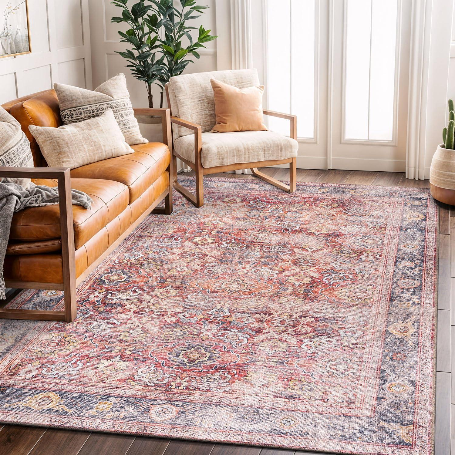 imageRugshop OceanBlue Transitional Vintage Bordered Area Rug Machine Washable 5 X 7 for Living Room Bedroom and Home OfficeRed