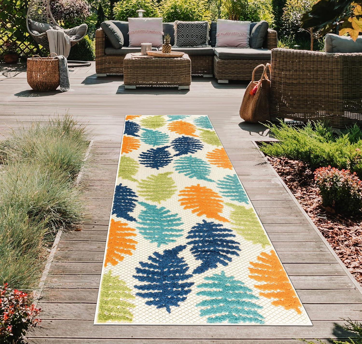 imageRugshop Seville Floral Leaves NonShedding Patio Deck Backyard IndoorOutdoor Area Rug 5 x 7 BlueMulti Color
