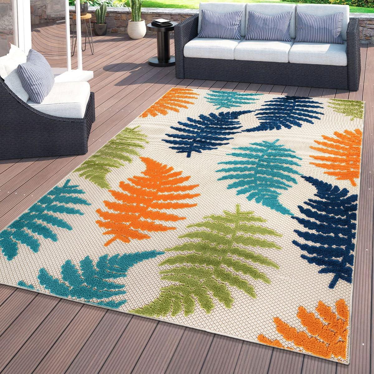 imageRugshop Seville Floral Leaves NonShedding Patio Deck Backyard IndoorOutdoor Area Rug 5 x 7 BlueMulti Color