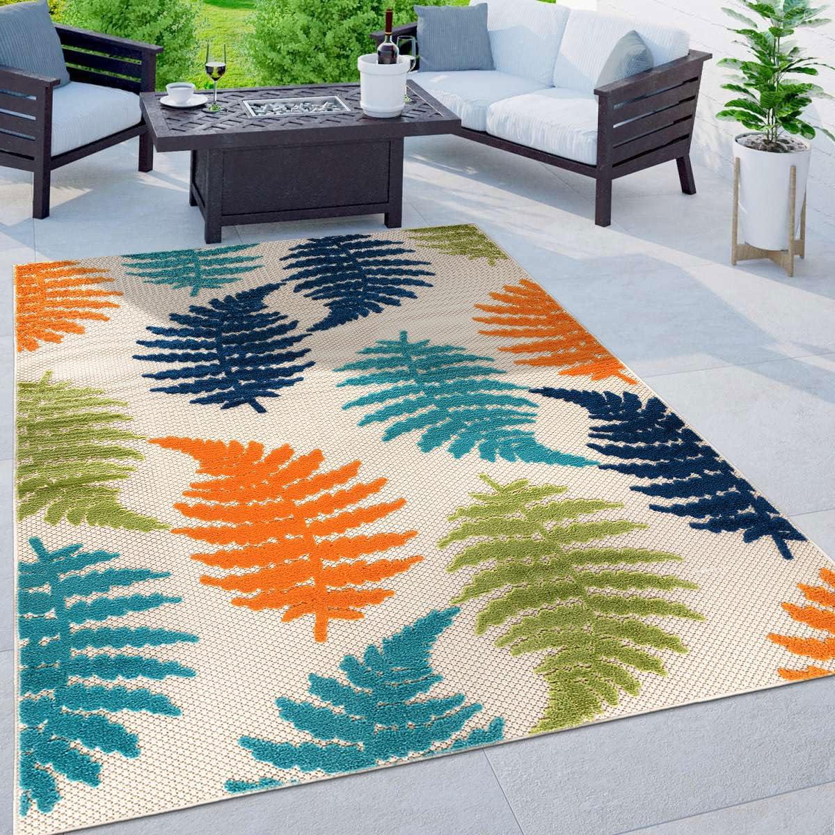 imageRugshop Seville Floral Leaves NonShedding Patio Deck Backyard IndoorOutdoor Area Rug 5 x 7 BlueMulti Color