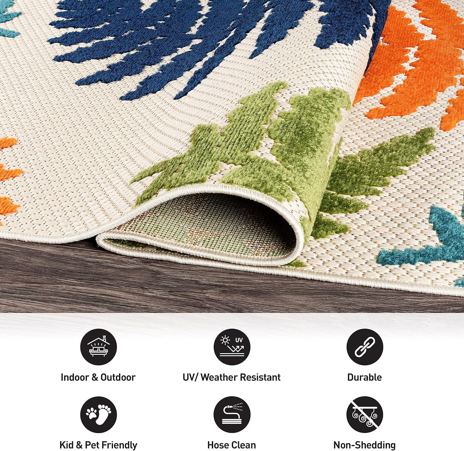 imageRugshop Seville Floral Leaves NonShedding Patio Deck Backyard IndoorOutdoor Area Rug 5 x 7 BlueMulti Color