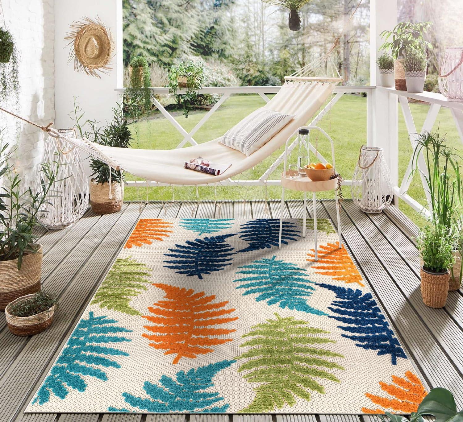 imageRugshop Seville Floral Leaves NonShedding Patio Deck Backyard IndoorOutdoor Area Rug 5 x 7 BlueMulti Color