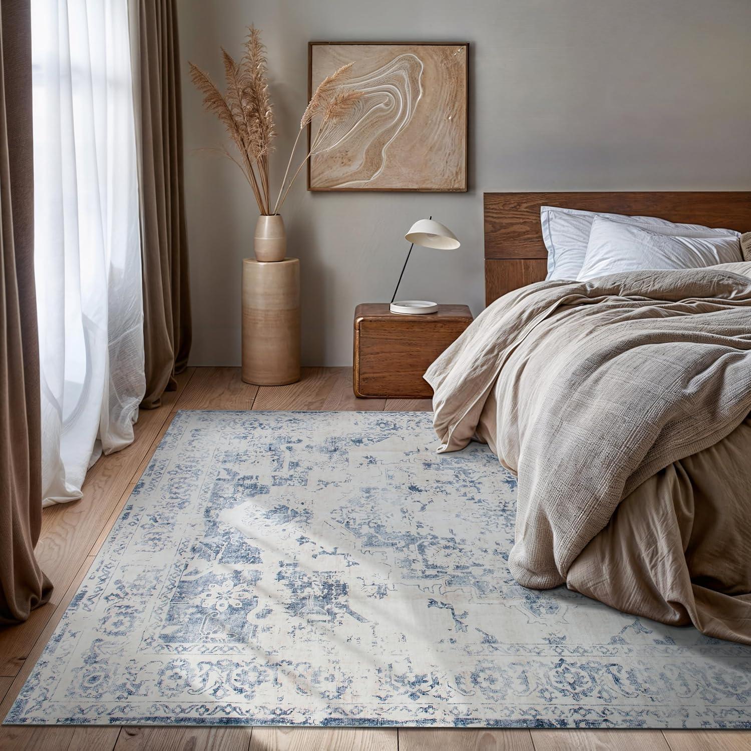 imageRugshop Traditional Vintage Distressed Washable Non Slip Area Rug 5 x 7 BlueBlue