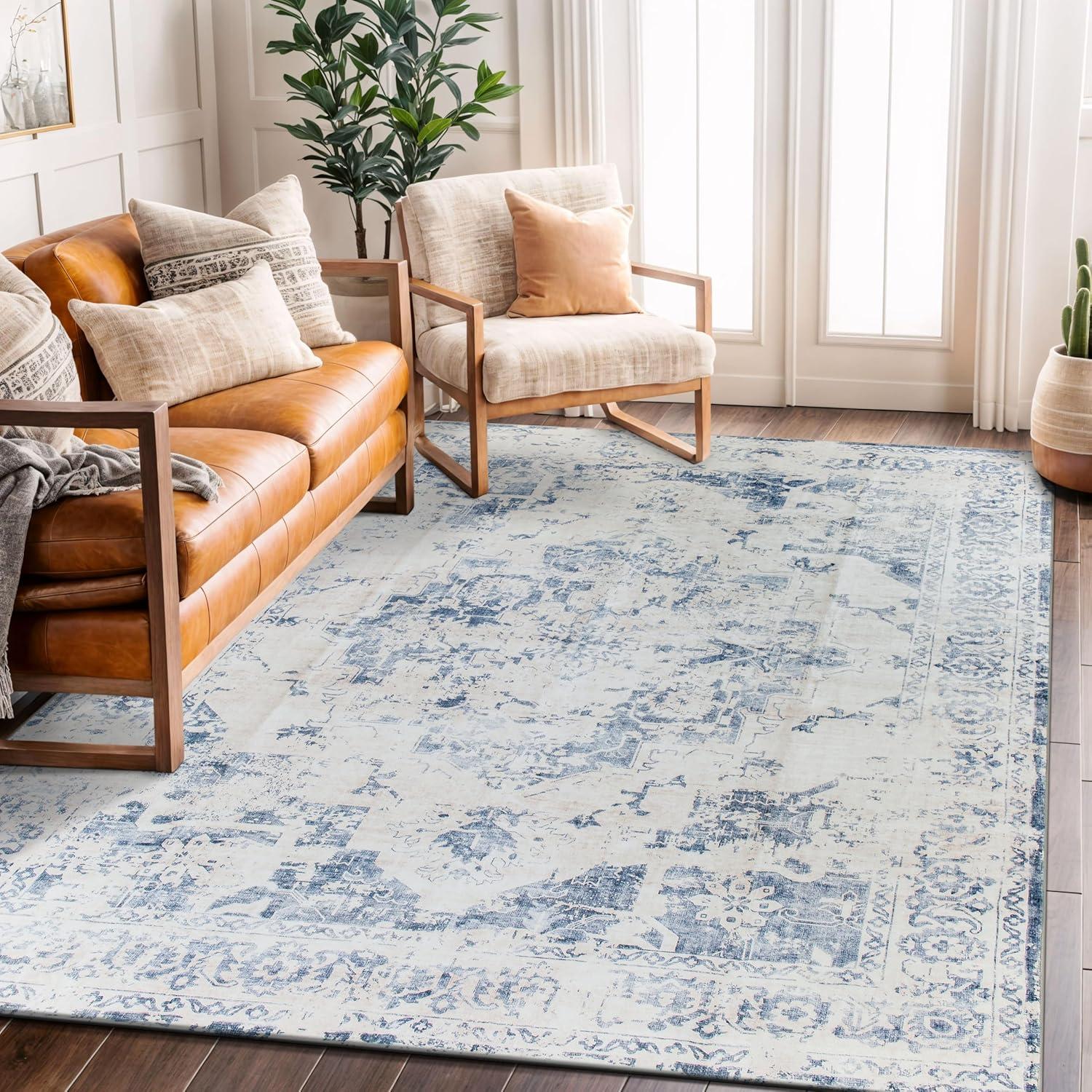 imageRugshop Traditional Vintage Distressed Washable Non Slip Area Rug 5 x 7 BlueBlue