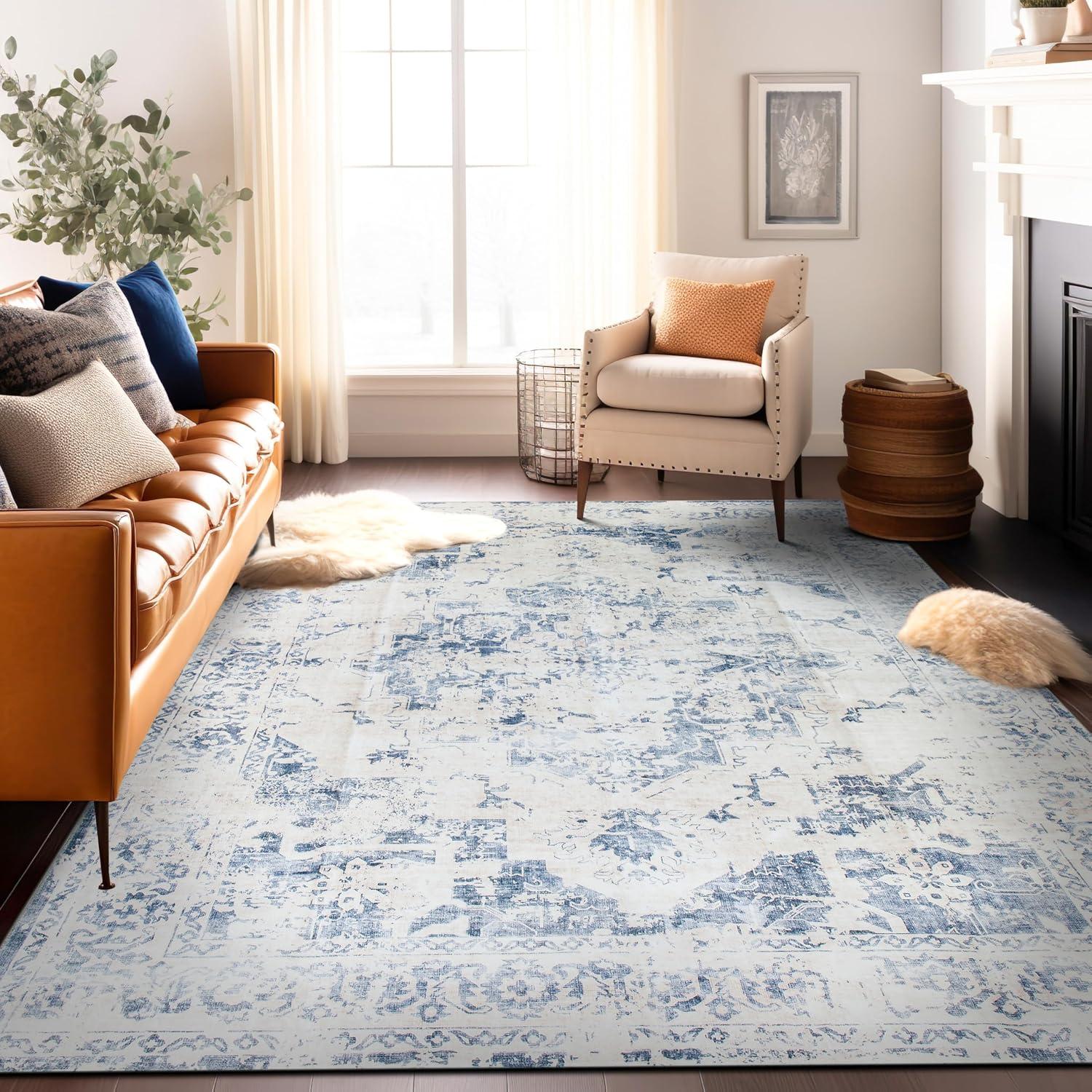 imageRugshop Traditional Vintage Distressed Washable Non Slip Area Rug 5 x 7 BlueBlue
