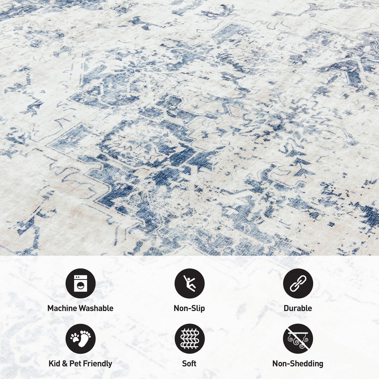 imageRugshop Traditional Vintage Distressed Washable Non Slip Area Rug 5 x 7 BlueBlue