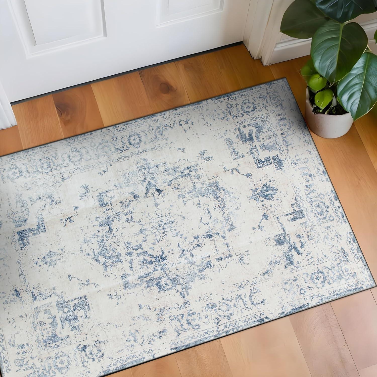 imageRugshop Traditional Vintage Distressed Washable Non Slip Area Rug 5 x 7 BlueBlue