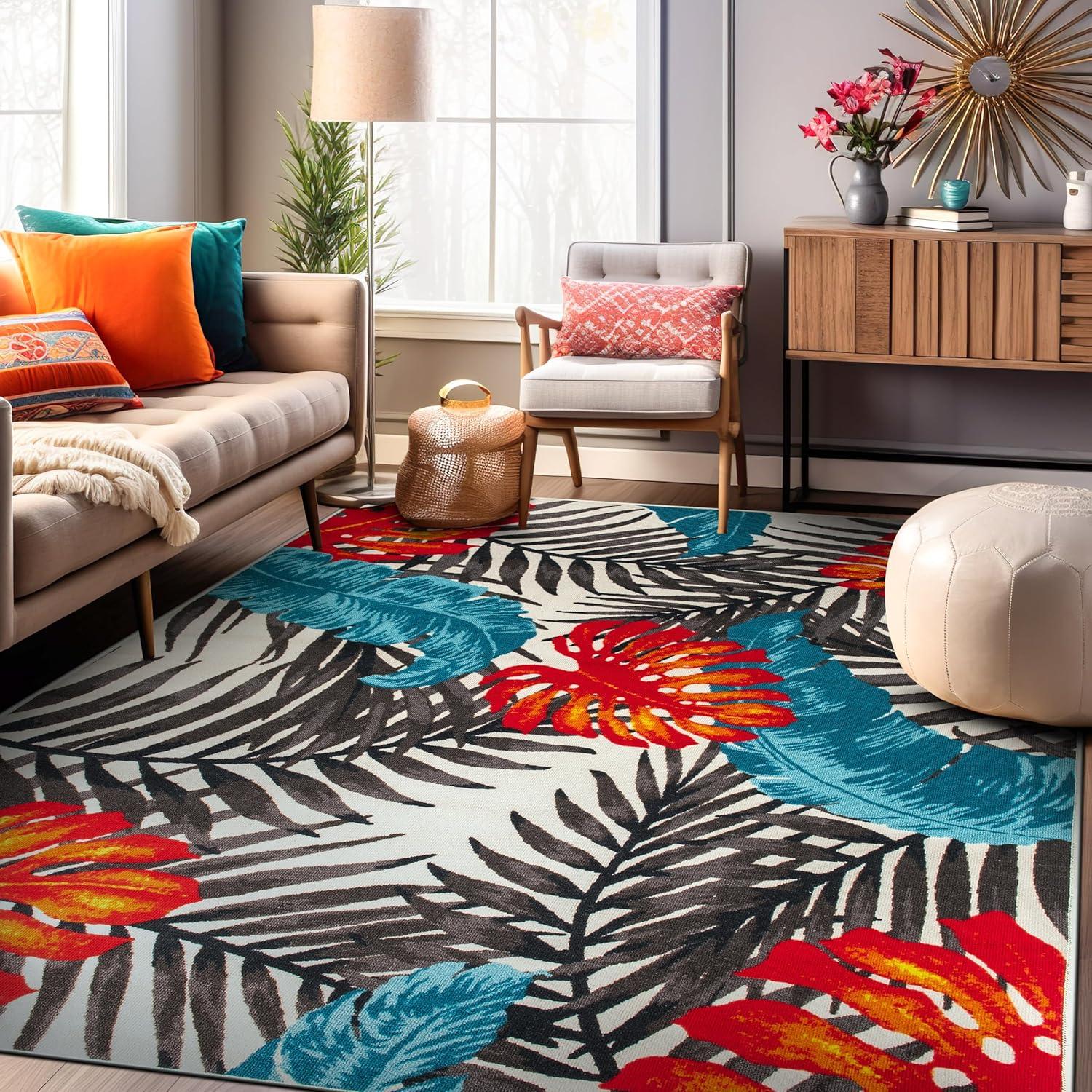 imageRugshop Tropical Floral Leaves High Traffic Living RoomBedroomKitchen Home Office Non Slip Area Rug 5 x 7 BeigeMulti Color