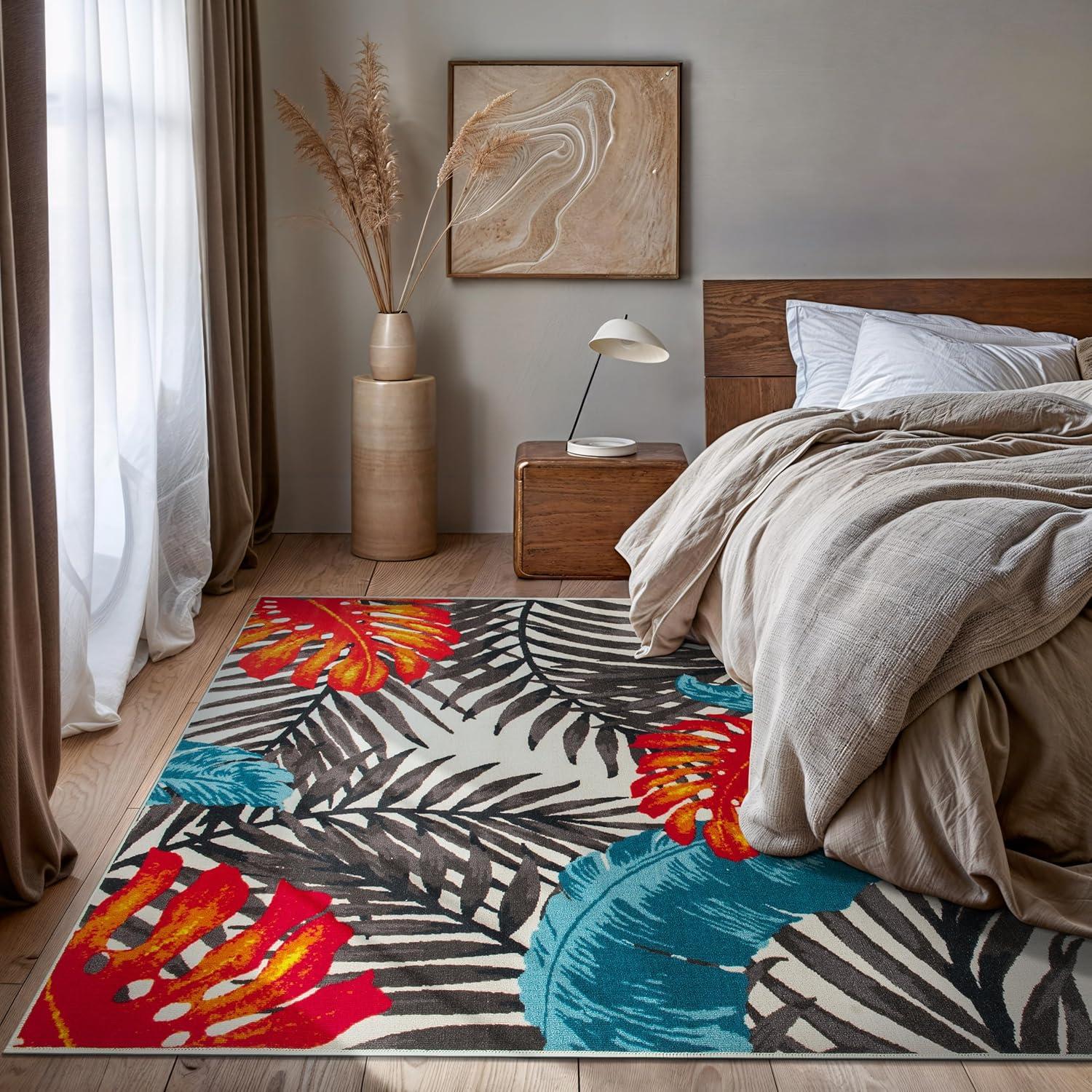 imageRugshop Tropical Floral Leaves High Traffic Living RoomBedroomKitchen Home Office Non Slip Area Rug 5 x 7 BeigeMulti Color