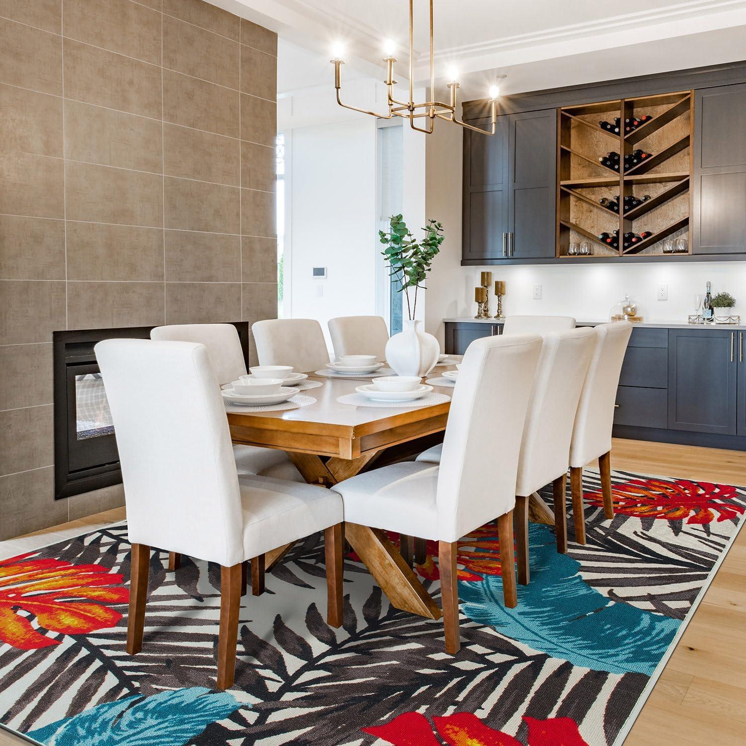 imageRugshop Tropical Floral Leaves High Traffic Living RoomBedroomKitchen Home Office Non Slip Area Rug 5 x 7 BeigeMulti Color