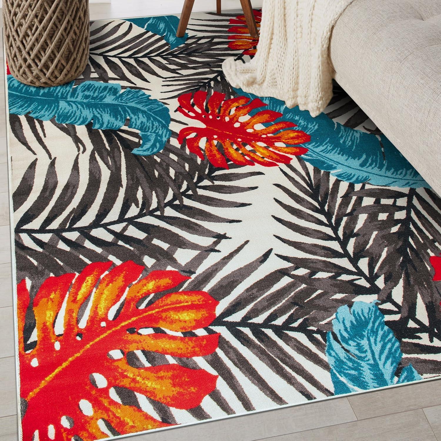 imageRugshop Tropical Floral Leaves High Traffic Living RoomBedroomKitchen Home Office Non Slip Area Rug 5 x 7 BeigeMulti Color