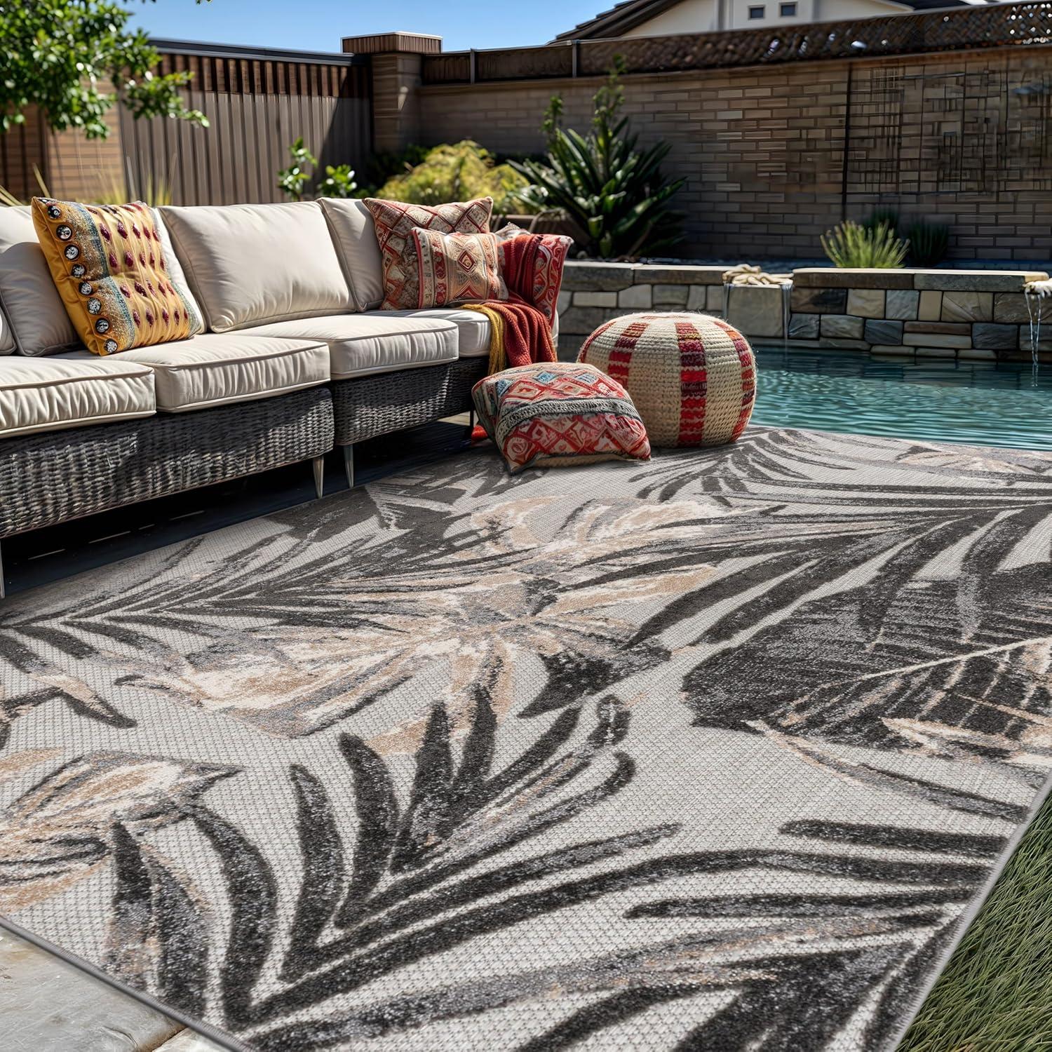 imageRugshop Tropical Floral Leaves IndoorOutdoor Area Rug 5 x 7 GrayGrey