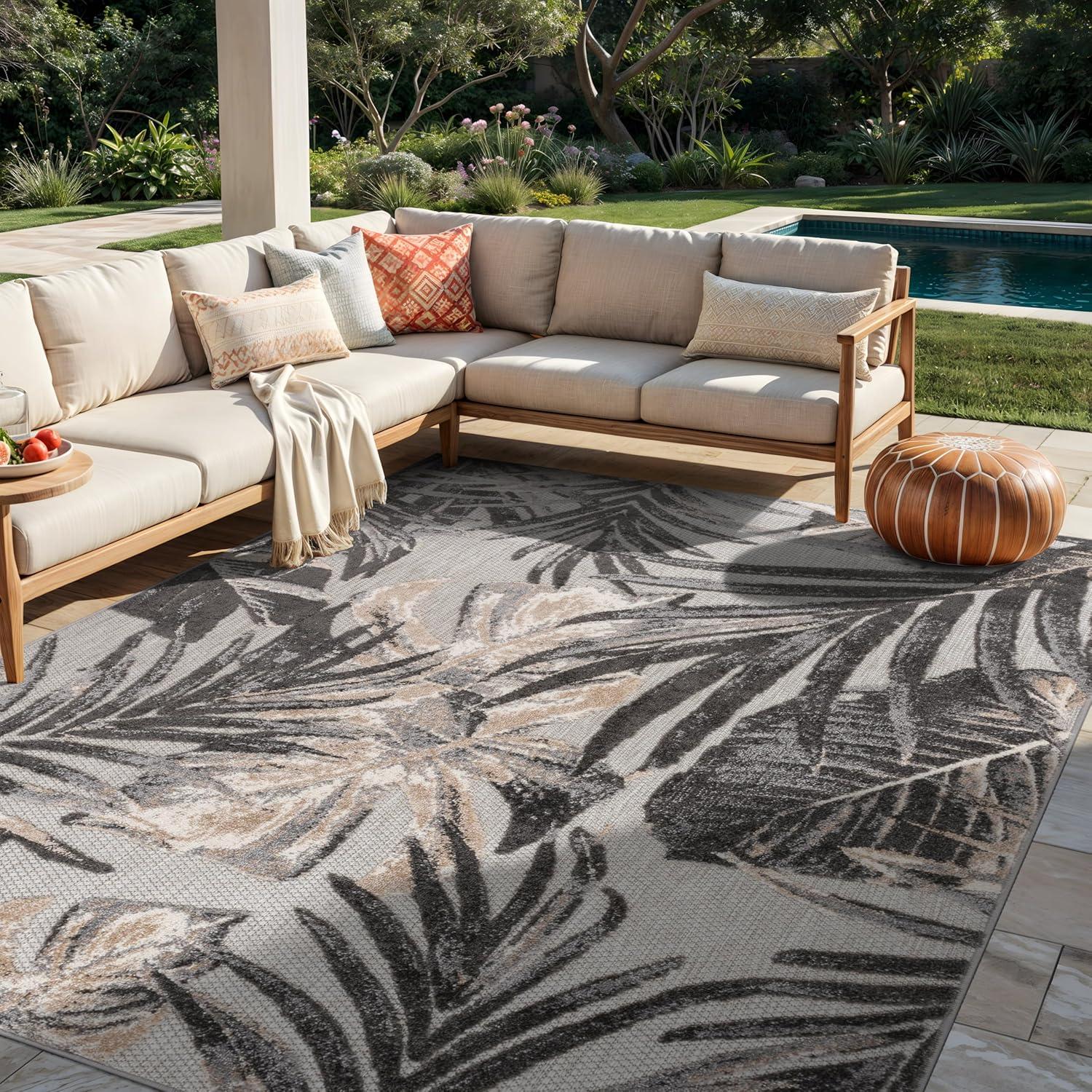 imageRugshop Tropical Floral Leaves IndoorOutdoor Area Rug 5 x 7 GrayGrey