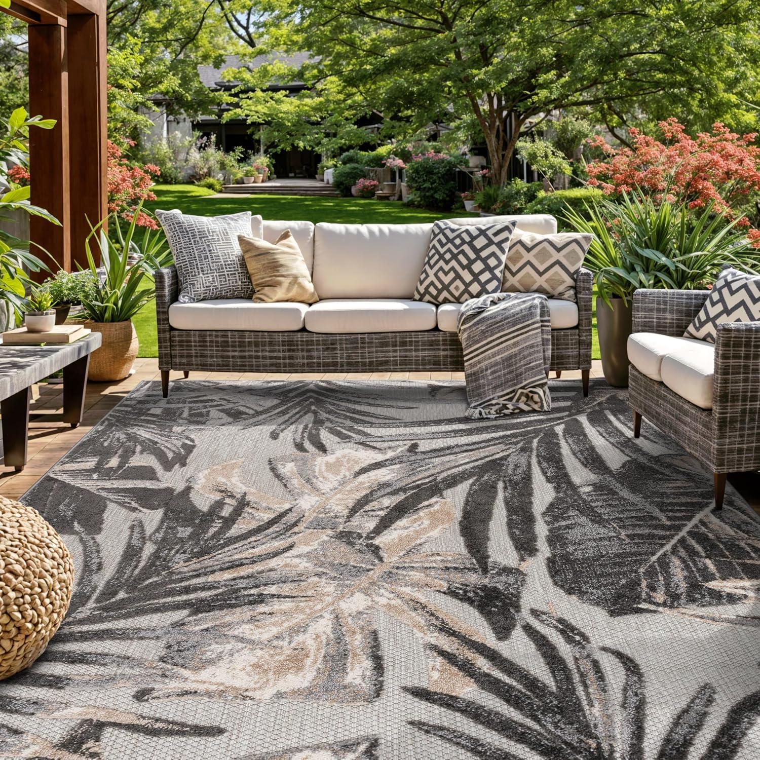 imageRugshop Tropical Floral Leaves IndoorOutdoor Area Rug 5 x 7 GrayGrey
