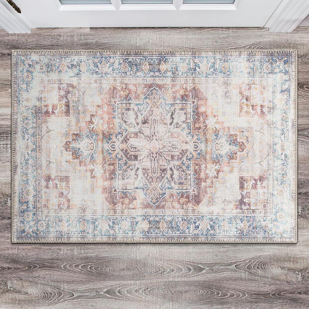 imageRugshop Bohemian Distressed Stain Resistant Flat Weave Eco Friendly Premium Recycled Machine Washable Area Rug 5x7 RustRust
