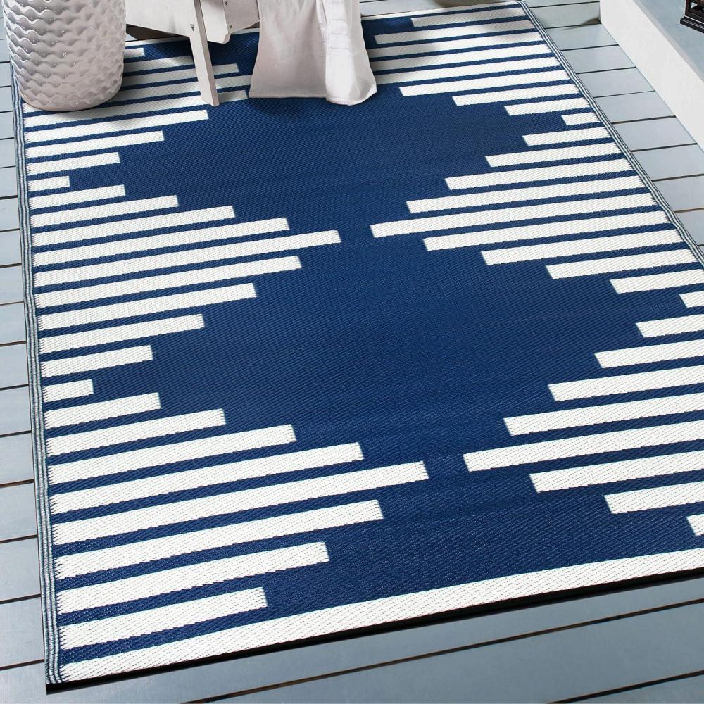 imageRugshop Boho Diamond Stripe Reversible CreaseFree Waterproof Premium Recycled Plastic Outdoor Rugs for PatioBackyardRVDeckPicnicTrailerBeachCampingSunroom Black 5 x 7Navy