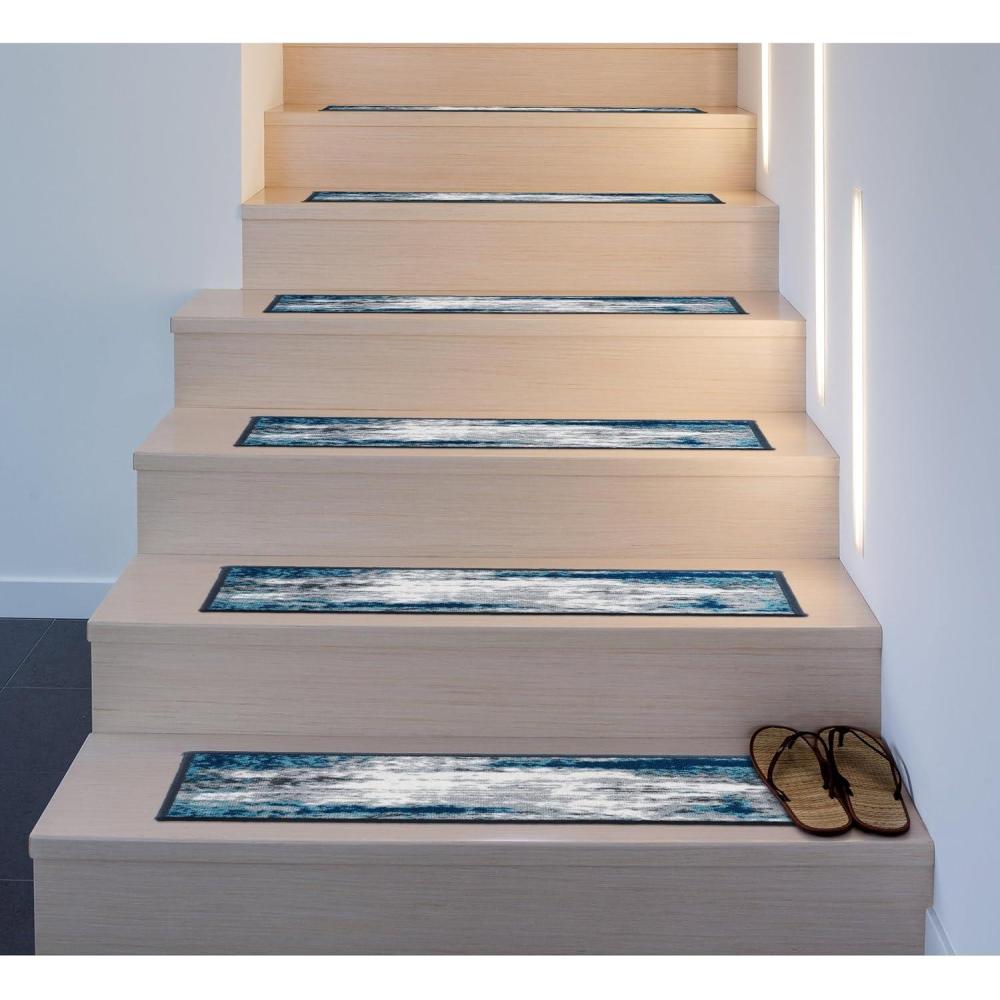 imageRugshop Contemporary Abstract NonSlip Stair Treads Set of 13 86quot x 26quot BlueBlue