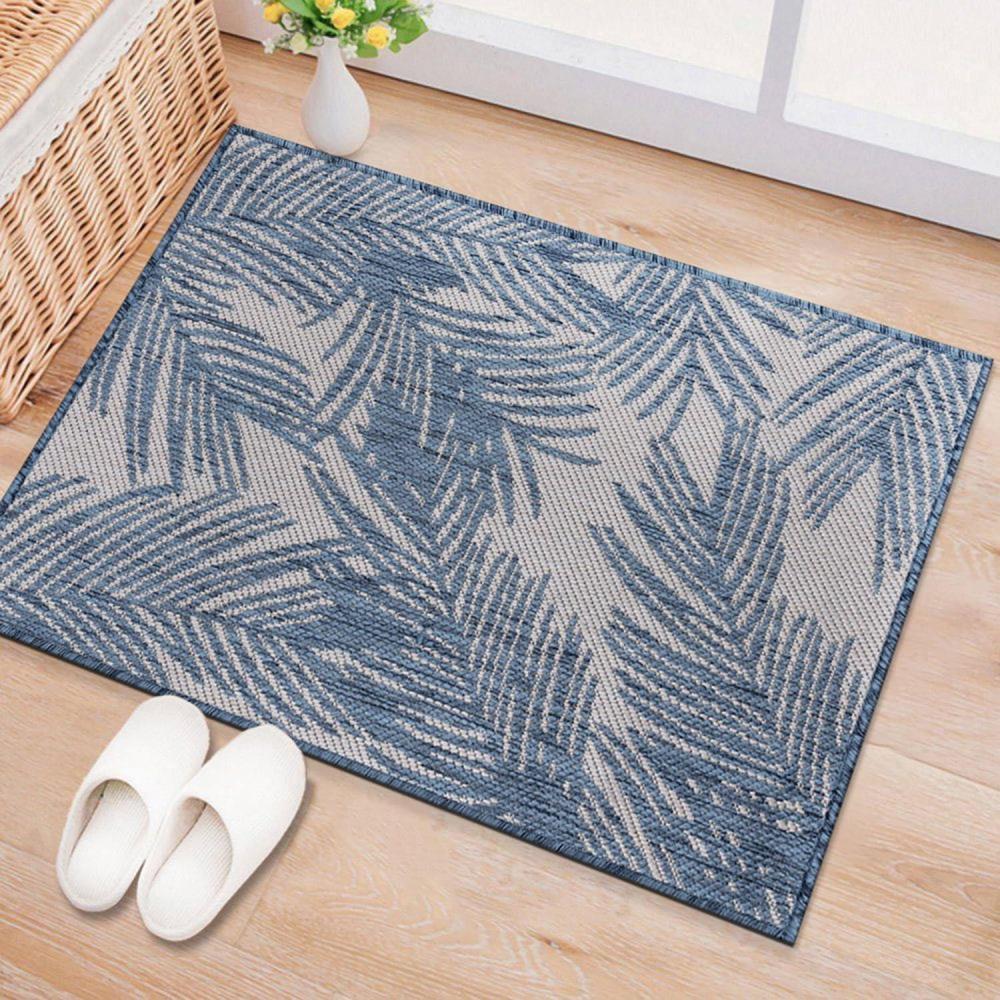 imageRugshop Contemporary Distressed Leaves Textured Flat Weave Easy Cleaning Outdoor Rugs for DeckPatioBackyard IndoorOutdoor Area Rug 5 x 7 BlackBlue