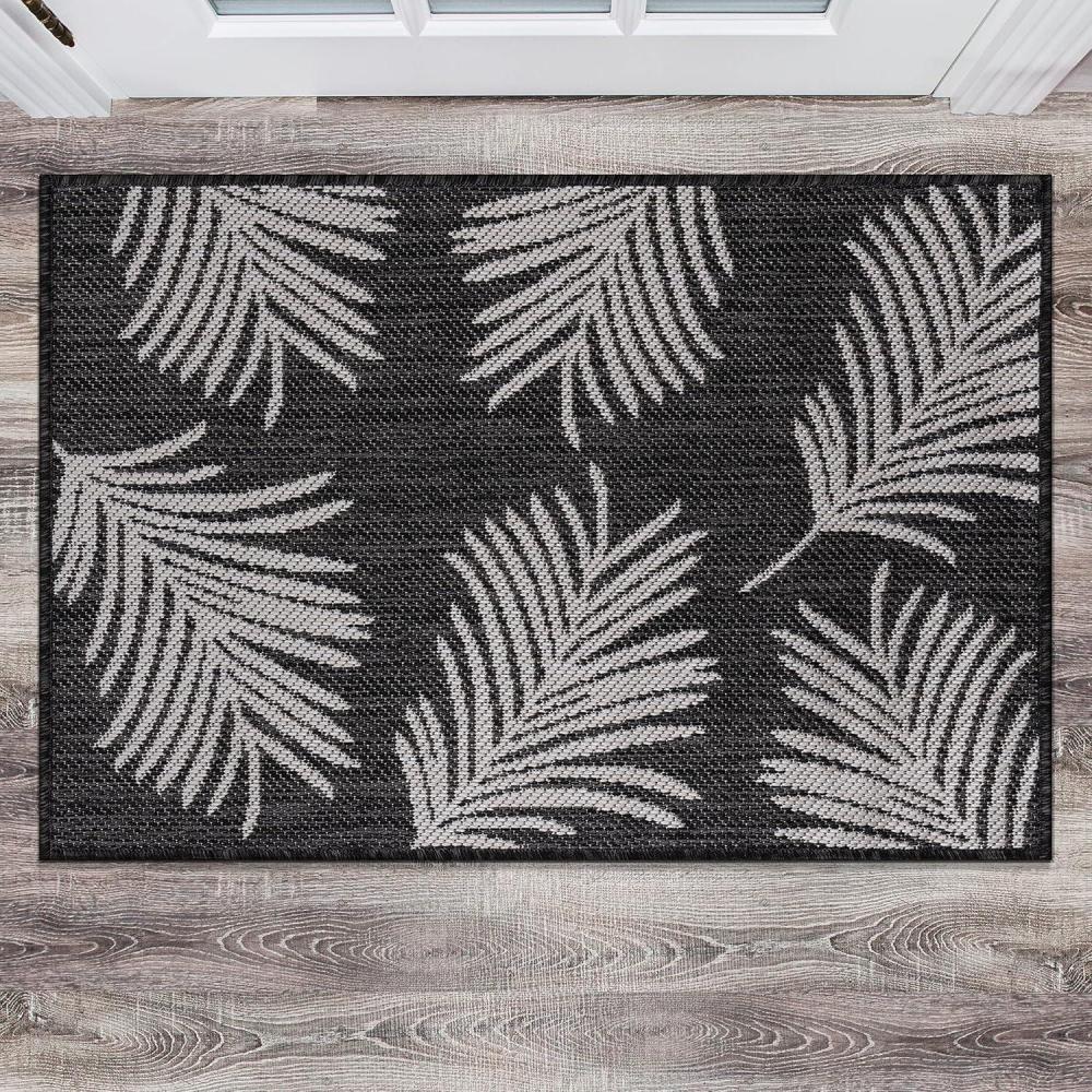 imageRugshop Contemporary Palm Leaves Textured Flat Weave Easy Cleaning Outdoor Rugs for DeckPatioBackyard IndoorOutdoor Area Rug 5 x 7 NavyBlack
