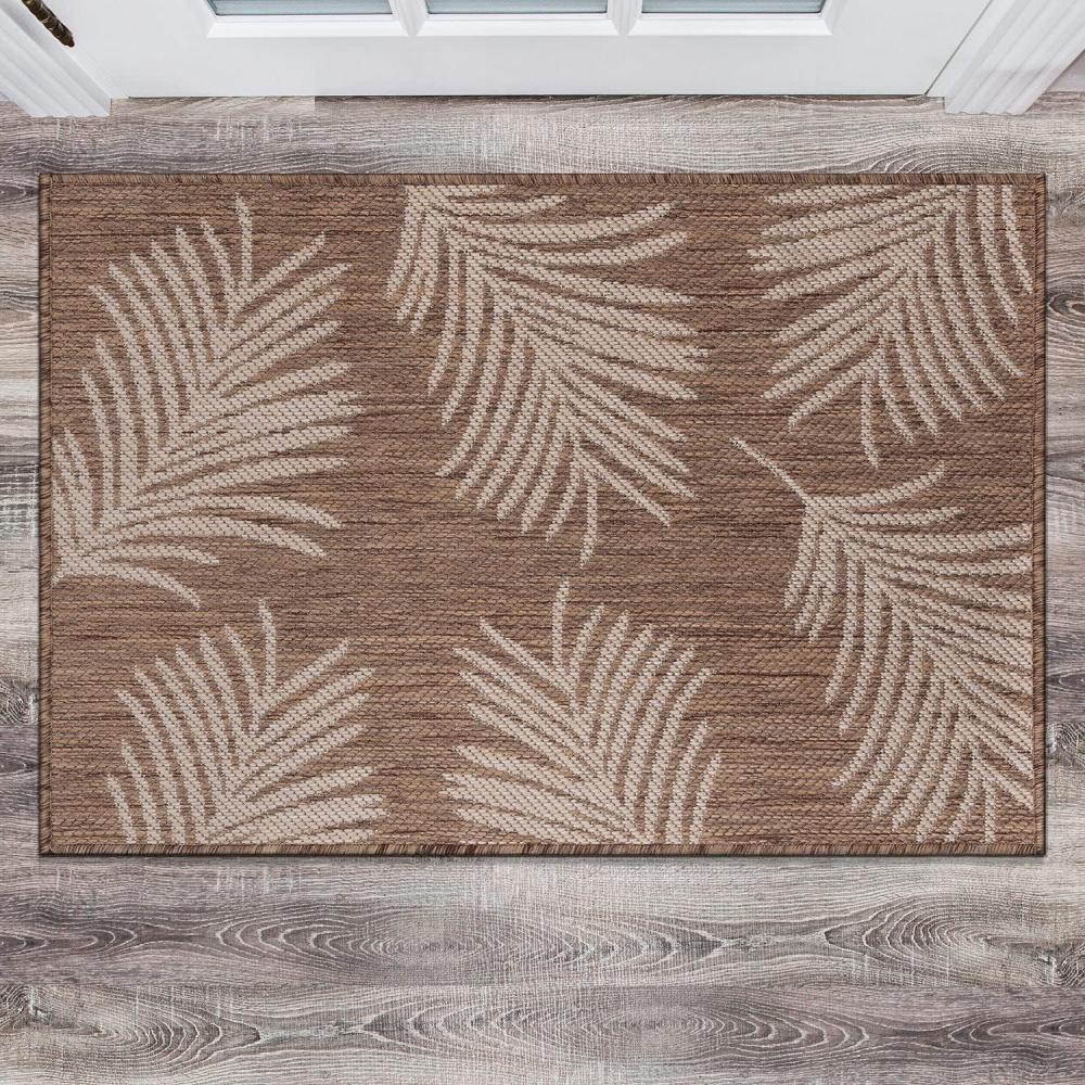 imageRugshop Contemporary Palm Leaves Textured Flat Weave Easy Cleaning Outdoor Rugs for DeckPatioBackyard IndoorOutdoor Area Rug 5 x 7 NavyBrown