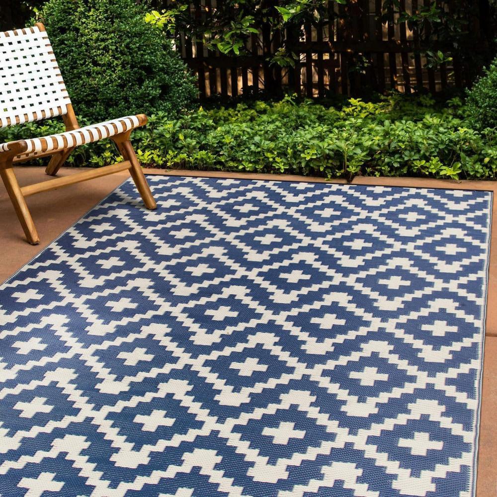 imageRugshop Maui Contemporary Geometric Reversible CreaseFree Waterproof Premium Recycled Plastic Outdoor Rugs for PatioBackyardRVDeckPicnicTrailerBeachCamping Navy 5 x 7Navy