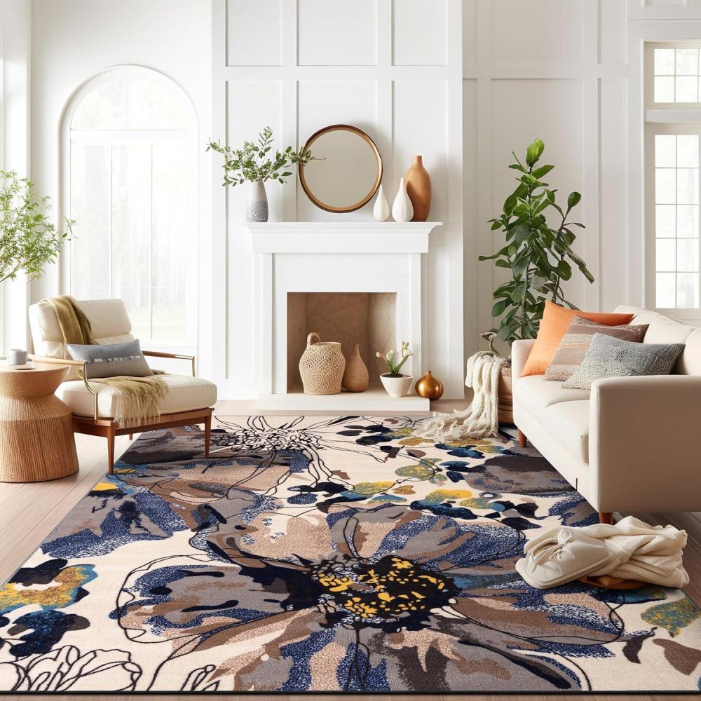 imageRugshop Modern Bright Flowers NonSlip NonSkid Area Rug 10 x 14 Cream