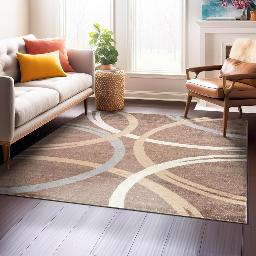 imageRugshop Modern Wavy Circles Design Square Rug NonShedding Carpet for Living Room Bedroom or Dining Room Brown 66quot x 66quot